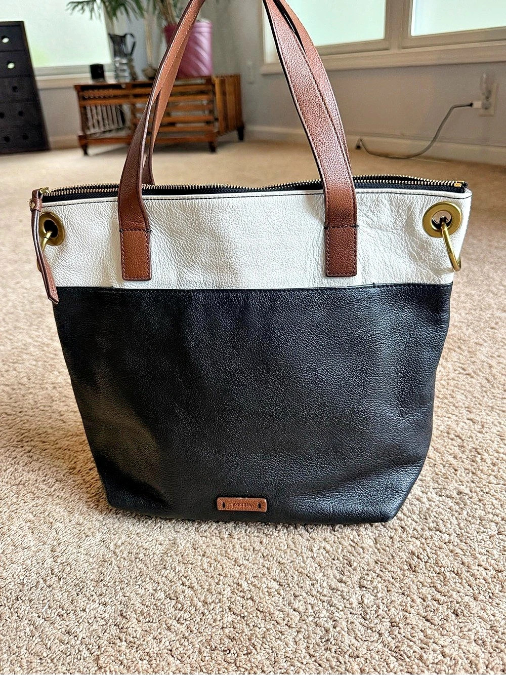 Fossil Color Block Leather Tote in Black & White
